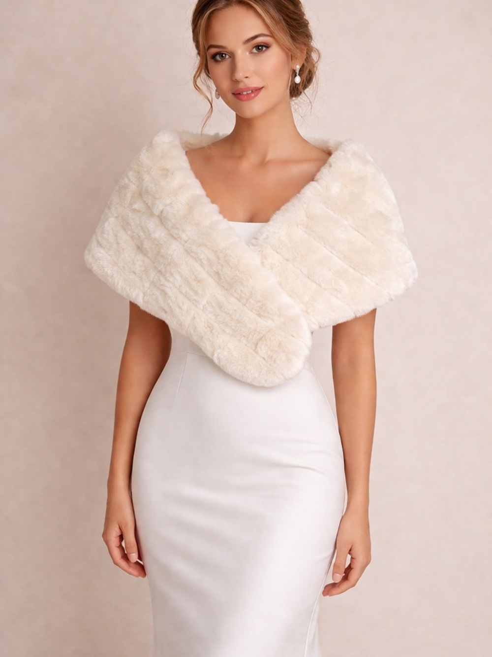 Julesveils Ivory Faux Fur Bridal Stole Wrap Satin Lined 49”x 10”